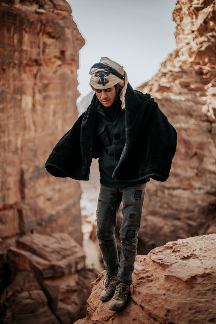 The Art of Drawing Readers In: Your attractive post title goes here Man in a headscarf and jacket navigates a rocky canyon landscape.